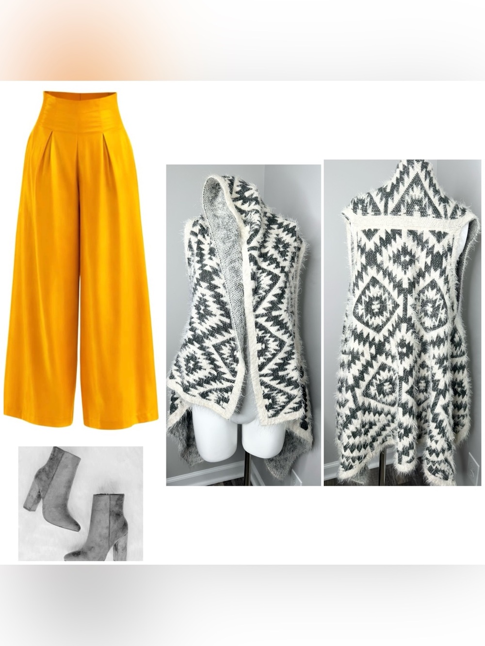 Cozy Aztec Knit Vest Cardigan in Gray & White- small